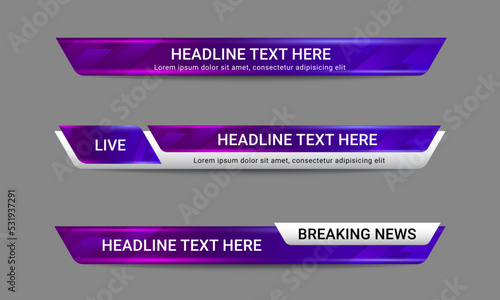 Newscast lower third banner vector. Set of lower third bar templates for breaking news, sports news on television, video and media online photo