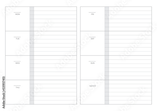 A weekly plan design template in a modern, simple, and minimalist style. Note, scheduler, diary, calendar, planner document template illustration.