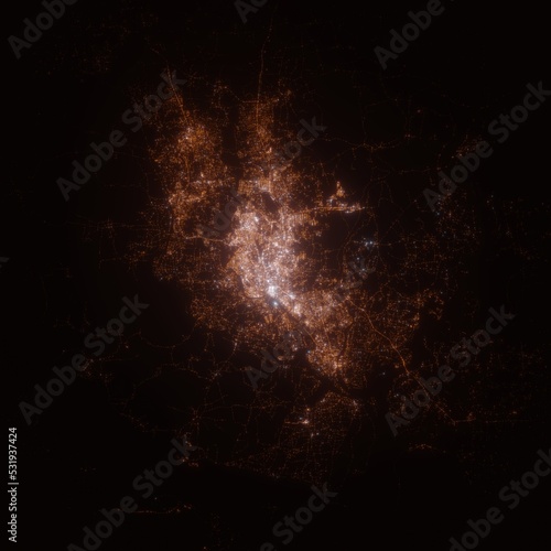 Dhaka (Bangladesh) street lights map. Satellite view on modern city at night. Imitation of aerial view on roads network. 3d render