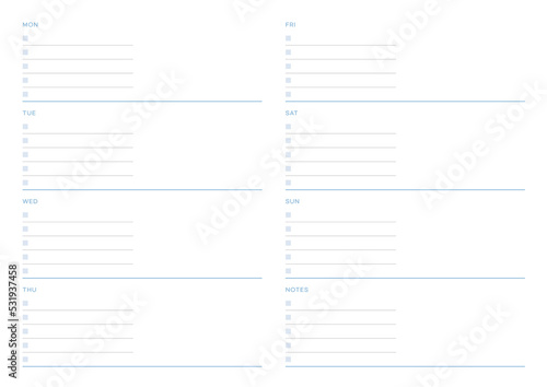 A weekly plan design template in a modern, simple, and minimalist style. Note, scheduler, diary, calendar, planner document template illustration.
