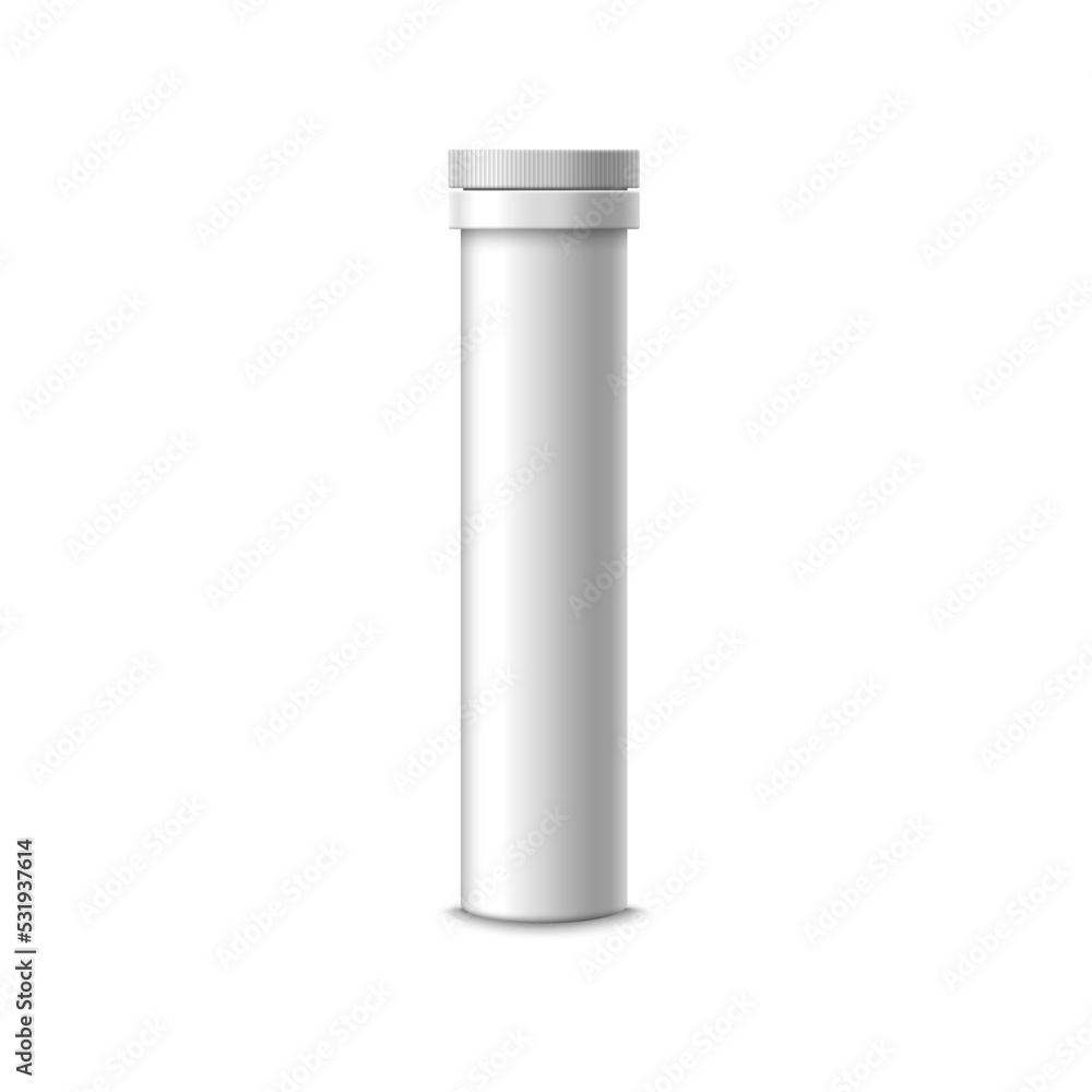 Realistic 3D vector illustration of a white plastic tube of fizzy pills. Realistic 3D vector illustration of a white plastic tube of fizzy pills.
