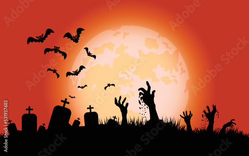 Happy Halloween  Zombie hands and Bats  Holiday lettering for banner  Vector illustration.