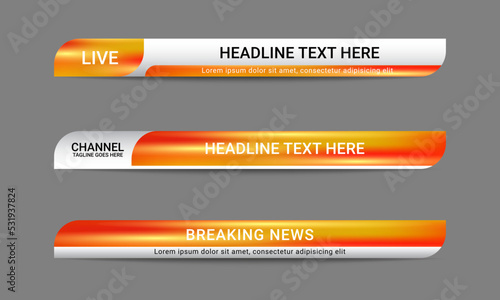 Newscast lower third banner vector. Set of lower third bar templates for breaking news, sports news on television, video and media online