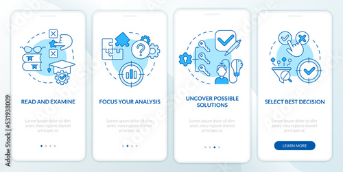 Structure of case study blue onboarding mobile app screen. Research walkthrough 4 steps editable graphic instructions with linear concepts. UI, UX, GUI template. Myriad Pro-Bold, Regular fonts used