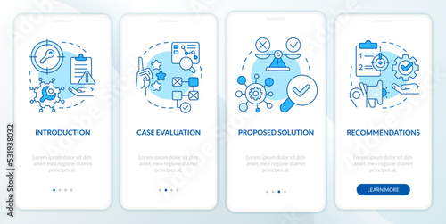 Case drafting blue onboarding mobile app screen. Studying plan walkthrough 4 steps editable graphic instructions with linear concepts. UI, UX, GUI template. Myriad Pro-Bold, Regular fonts used