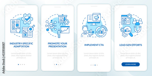 Marketing case study blue onboarding mobile app screen. Business walkthrough 4 steps editable graphic instructions with linear concepts. UI, UX, GUI template. Myriad Pro-Bold, Regular fonts used