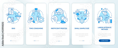 Disadvantages of case study blue onboarding mobile app screen. Issues walkthrough 5 steps editable graphic instructions with linear concepts. UI, UX, GUI template. Myriad Pro-Bold, Regular fonts used