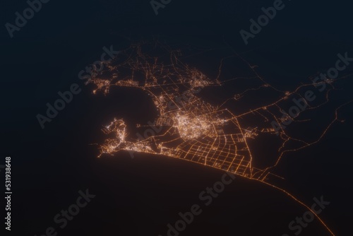 Aerial shot on Aden (Yemen) at night, view from east. Imitation of satellite view on modern city with street lights and glow effect. 3d render photo