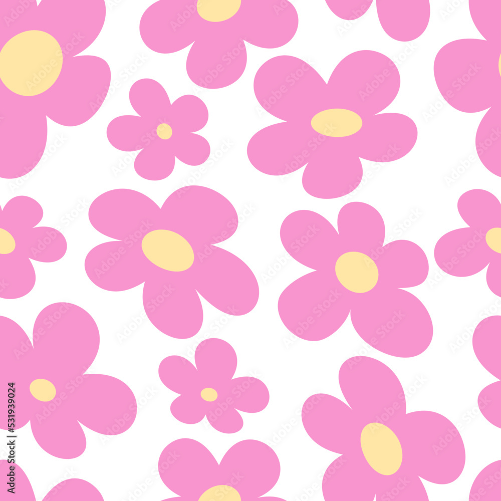 Cute floral seamless pattern of the 00s and 90s. Retro glamorous girl style. Flat cartoon simple abstract flowers. trendy Y2K texture of the 2000s for children's textiles, paper, fabric. Cute floral seamless pattern of the 00s and 90s. Retro glamorous girl style. Flat cartoon simple abstract flowers. trendy Y2K texture of the 2000s for children's textiles, paper, fabric.