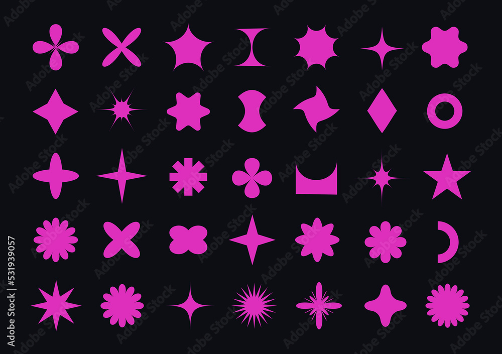 A collection of Y2K elements, a set of retro objects of abstract geometric shapes and figures for design, projects, posters, banners and business cards. Isolated on a black background A collection of Y2K elements, a set of retro objects of abstract geometric shapes and figures for design, projects, posters, banners and business cards. Isolated on a black background