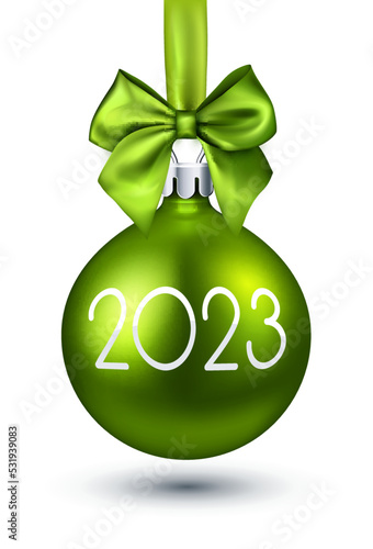 Hanging realistic Christmas bauble with 2023 sign.
