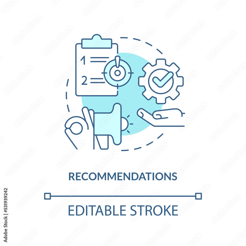 Recommendations turquoise concept icon. Learn possible solutions. Case drafting abstract idea thin line illustration. Isolated outline drawing. Editable stroke. Arial, Myriad Pro-Bold fonts used