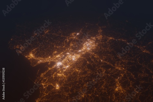 Aerial shot on Bilbao (Spain) at night, view from west. Imitation of satellite view on modern city with street lights and glow effect. 3d render