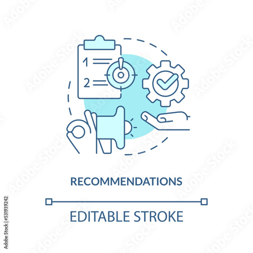 Recommendations turquoise concept icon. Learn possible solutions. Case drafting abstract idea thin line illustration. Isolated outline drawing. Editable stroke. Arial, Myriad Pro-Bold fonts used