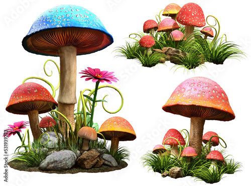 Fototapeta Fantasy mushroom groups 3D illustrations