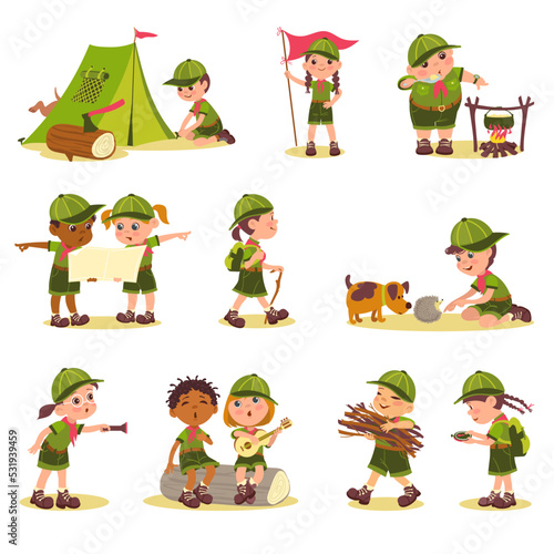 Cute kids scouts. Children in touristic clothes. Summer camping. Adventures organization. Nature explorers. Boys and girls put up tent. Teenagers cooking on campfire. Splendid vector set