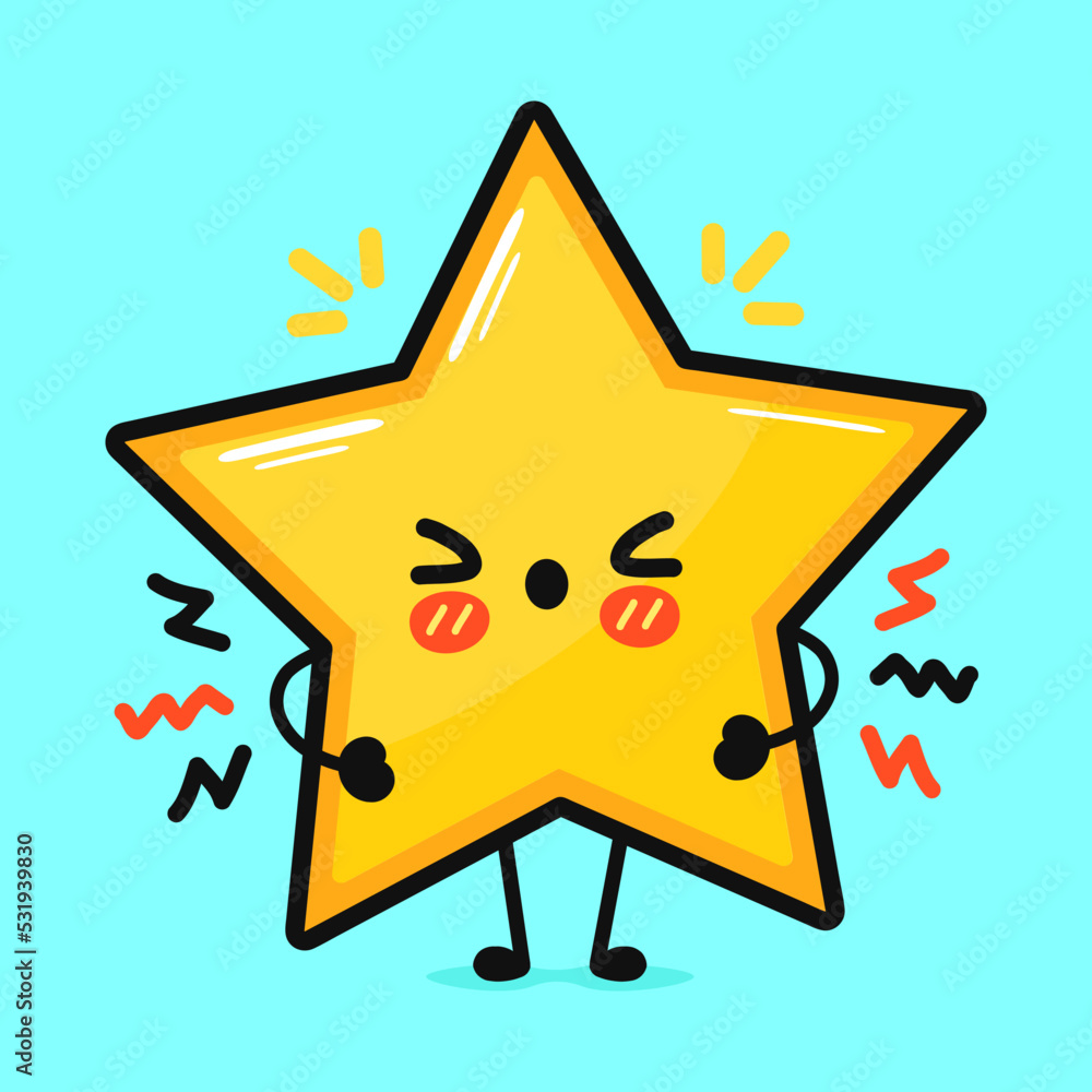 Cute angry star character. Vector hand drawn cartoon kawaii character illustration icon. Isolated on blue background. Sad star character concept Cute angry star character. Vector hand drawn cartoon kawaii character illustration icon. Isolated on blue background. Sad star character concept