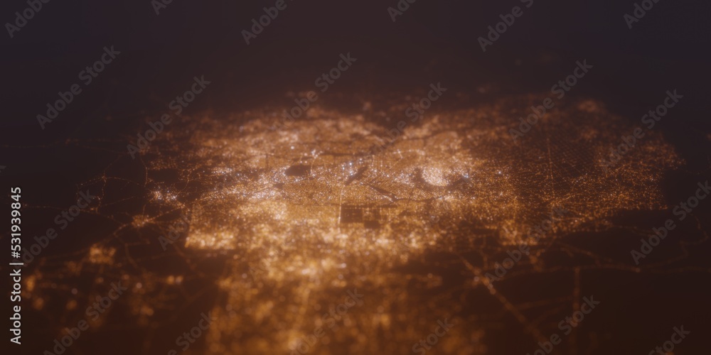 Street lights map of Ouagadougou (Burkina Faso) with tilt-shift effect, view from south. Imitation of macro shot with blurred background. 3d render, selective focus