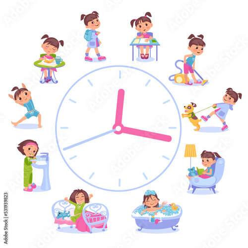Girls daily routine. Dial clock with different activities scenes. Little child sleeping and eating breakfast. Hygiene and studying. Time to training or reading. Splendid vector concept