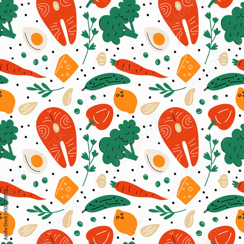 Healthy food seamless pattern. Diet nutrition products. Proteins, fats and carbohydrates balance. Natural vegetables. Salmon fish. Organic meal. Cheese and eggs. Garish vector background