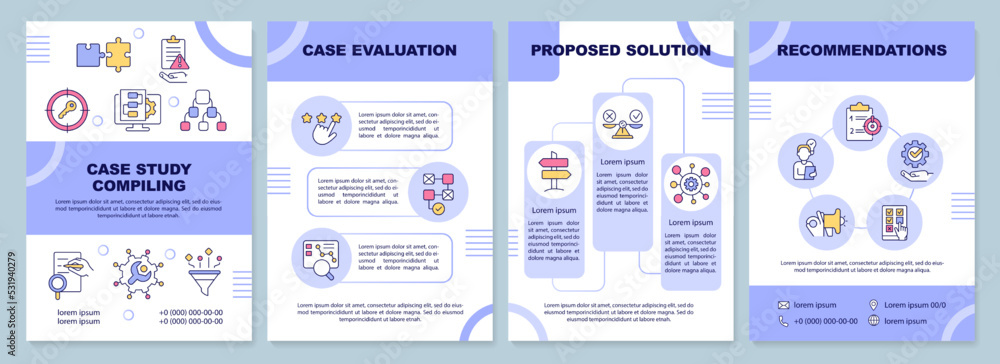 Naklejka premium Case study compiling purple brochure template. Analytics. Leaflet design with linear icons. Editable 4 vector layouts for presentation, annual reports. Arial-Black, Myriad Pro-Regular fonts used