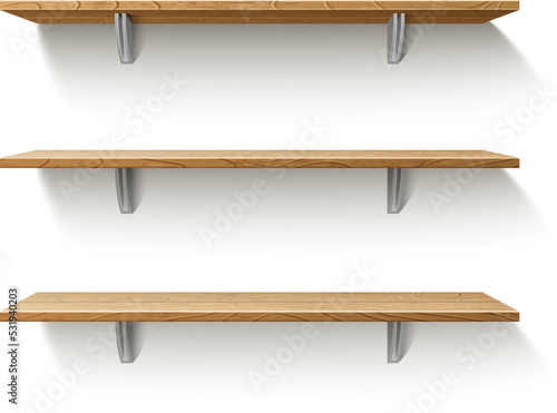 Realistic wooden store shelves. Home or office furniture. Interior objects hanging on wall. Empty showcase. Exhibition stand with shadow. Natural wood. Vector square shelving front view