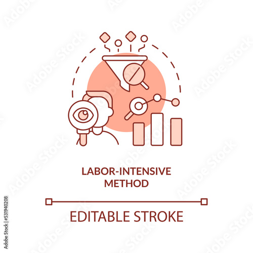 Labor intensive method red concept icon. High load. Disadvantage of case study abstract idea thin line illustration. Isolated outline drawing. Editable stroke. Arial, Myriad Pro-Bold fonts used