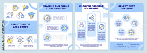 Structure of case study blue brochure template. Research. Leaflet design with linear icons. Editable 4 vector layouts for presentation, annual reports. Arial-Black, Myriad Pro-Regular fonts used