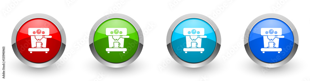 Coffee machine web icons, set of silver metallic round buttons isolated on white background Coffee machine web icons, set of silver metallic round buttons isolated on white background