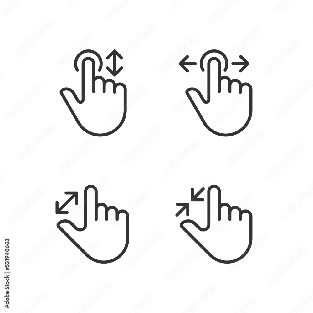Fototapeta premium Scrolling and zooming gestures pixel perfect linear icons set. Touchscreen control. Electronic device navigation. Customizable thin line symbols. Isolated vector outline illustrations. Editable stroke