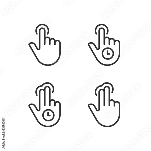 Long tap pixel perfect linear icons set. Double finger touch. Multi touch technology. Touchscreen control. Customizable thin line symbols. Isolated vector outline illustrations. Editable stroke
