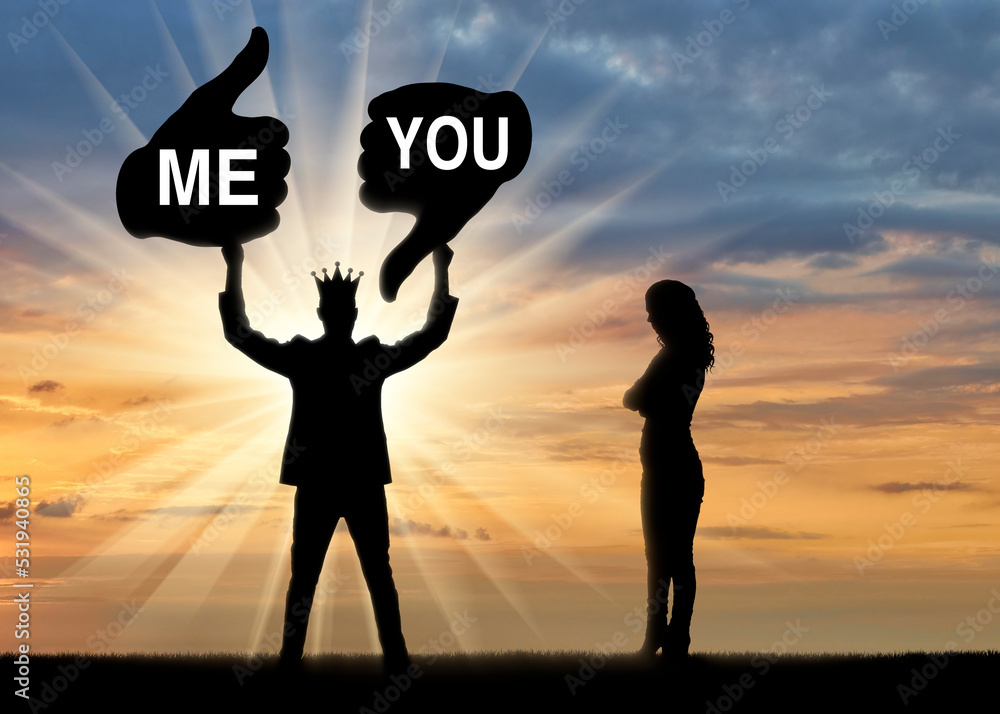 Selfishness. Selfish man with a crown holding a like sign addressed to him and a dislike addressed to a woman Selfishness. Selfish man with a crown holding a like sign addressed to him and a dislike addressed to a woman