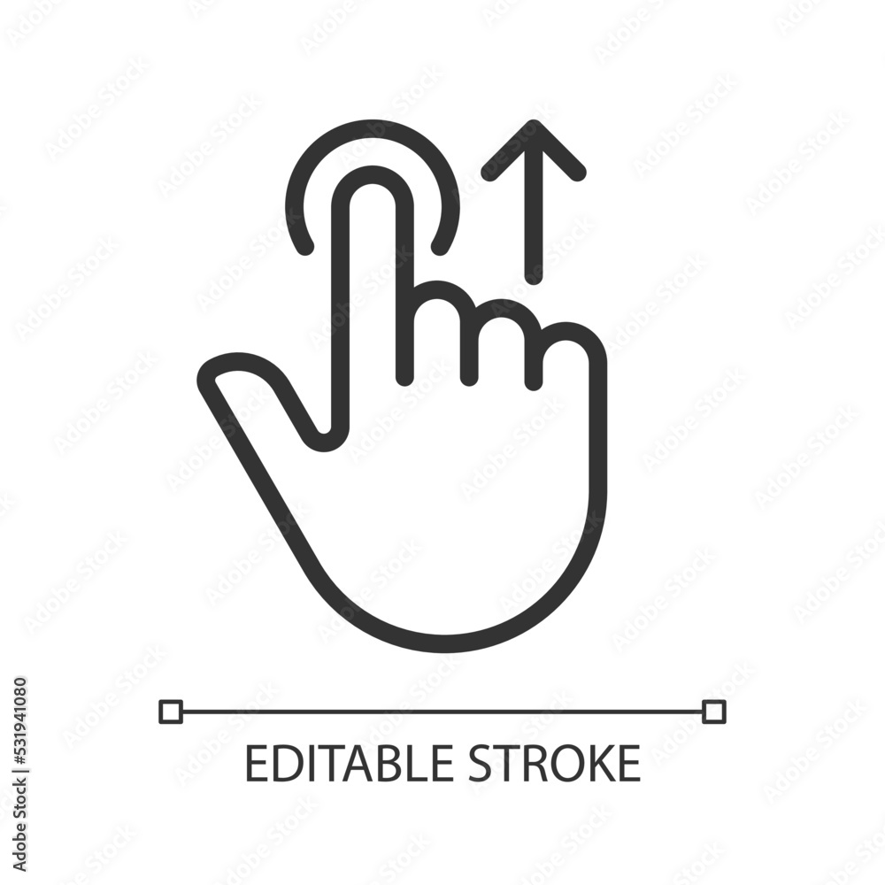 Fototapeta premium Move upwards pixel perfect linear icon. Swipe up. Touchscreen controlling gesture. Slide and scroll. Thin line illustration. Contour symbol. Vector outline drawing. Editable stroke. Arial font used