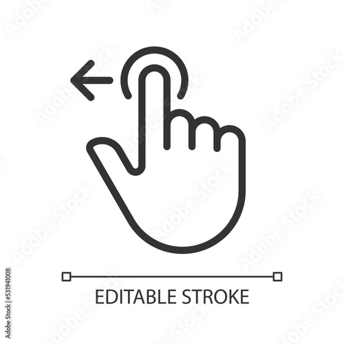Move to left pixel perfect linear icon. Digital device interaction. Touchscreen. Swipe and slide. Thin line illustration. Contour symbol. Vector outline drawing. Editable stroke. Arial font used