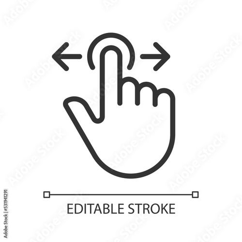 Scrolling horizontally pixel perfect linear icon. Move left and right. Touchscreen control gesture. Thin line illustration. Contour symbol. Vector outline drawing. Editable stroke. Arial font used