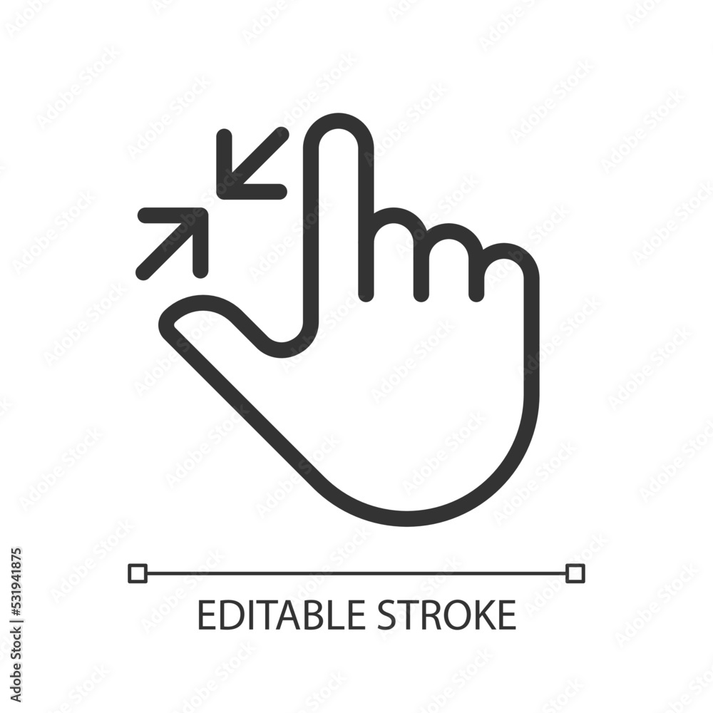 Zoom out touch pixel perfect linear icon. Multi touch technology. Adjust zoom. Touchscreen control. Thin line illustration. Contour symbol. Vector outline drawing. Editable stroke. Arial font used Zoom out touch pixel perfect linear icon. Multi touch technology. Adjust zoom. Touchscreen control. Thin line illustration. Contour symbol. Vector outline drawing. Editable stroke. Arial font used