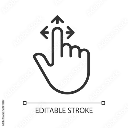 Drag pixel perfect linear icon. Tap and pull image. Touchscreen control gesture. Smartphone. Thin line illustration. Contour symbol. Vector outline drawing. Editable stroke. Arial font used
