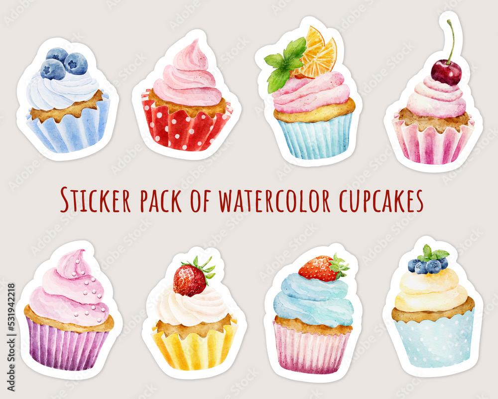 Sticker pack of watercolor different cupcakes with fresh berries Sticker pack of watercolor different cupcakes with fresh berries