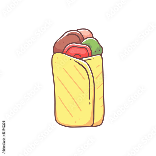 Shawarma sandwich in a cute kawaii doodle style isolated on a white background. Vector fast food illustration.