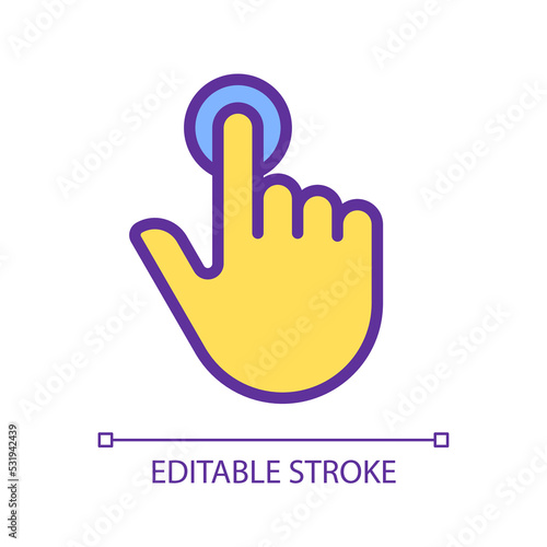 Finger touch pixel perfect yellow RGB color icon. Touchscreen control. Smartphone display. Computing device screen. Silhouette symbol on white space. Solid pictogram. Vector isolated illustration