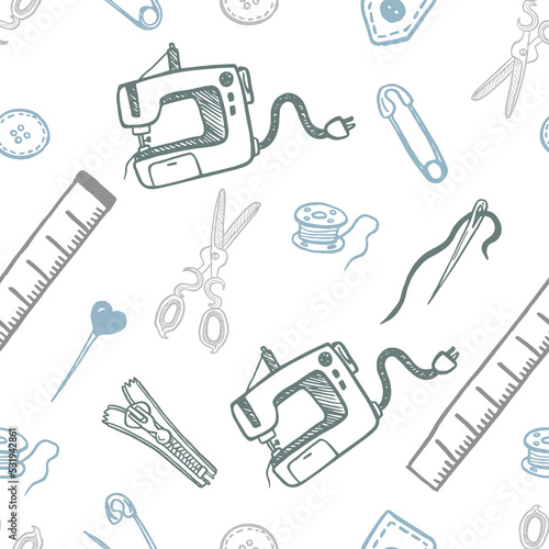 Seamless pattern with sewing tools linear icons scattered on white background. Outline seamstress supplies for tailoring and needlework. Handmade kids clothes wrapping paper design.