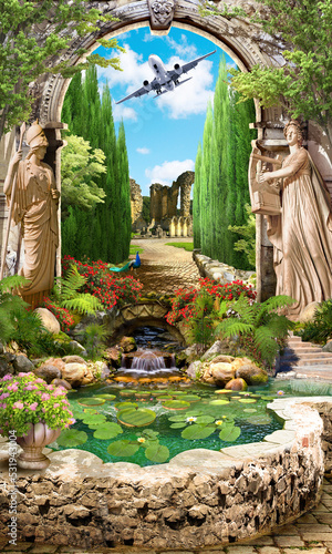 Fototapeta Naklejka Na Ścianę i Meble -  An arch with statues and an entrance to the ancient city. The fresco. Wallpaper on the wall.