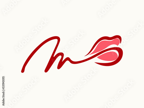 Letter m, beauty studio signature logo.Cosmetics salon, spa, makeup lettering icon isolated on light fund.Handwritten alphabet initial.Beautiful lips and red lipstick.Luxury,glamour style.
