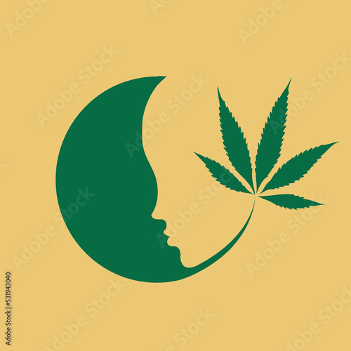 Beauty salon and cannabis leaf logo.Woman face with natural, hemp, plant element.Cosmetics, spa icon isolated on light fund.Young lady portrait.Beautiful model face.Luxury, elegant style.