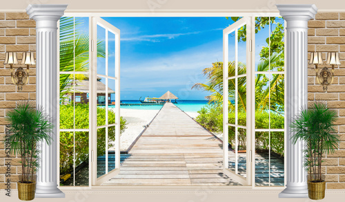 Fototapeta Naklejka Na Ścianę i Meble -  Exit from the terrace to the path to the hut. The fresco. Photo wallpapers.