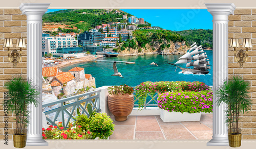 Fototapeta Naklejka Na Ścianę i Meble -  A sailing ship enters the bay. View from the terrace. Wallpaper on the wall. The fresco.