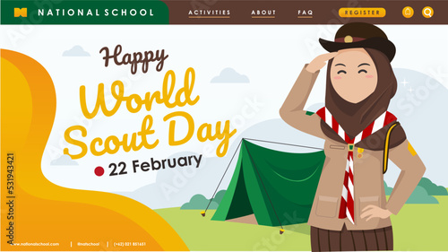 School Landing page website For World Scout Day in 22 February With Hijab Female Muslim Scout saluting in front of green camping tent