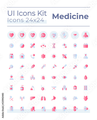 Medicine related flat gradient two-color ui icons set. Healthcare. Hospital and clinic. Vector isolated RGB pictograms. GUI, UX design for web, mobile. Montserrat Bold, Light fonts used