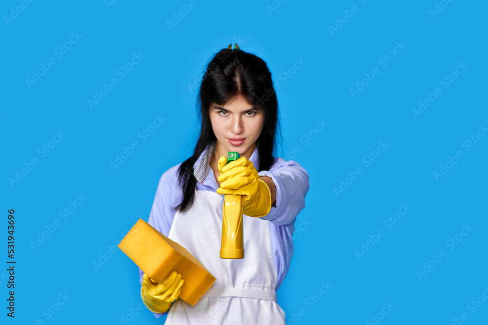 woman gloves and cleaner apron with sponge and detergent sprayer woman gloves and cleaner apron with sponge and detergent sprayer