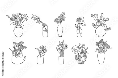 Vector illustration set of ink flowers in vases. Art for for prints, wall art, banner, background